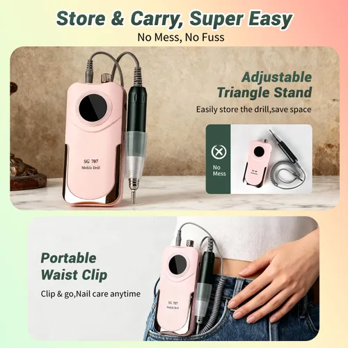 Vista 6 de JEWHITENY Taladro de uñas profesional recargable 35000 RPM, SG707 lima de uñas eléctrica con 6 brocas para uñas acrílicas, eliminación de pulido