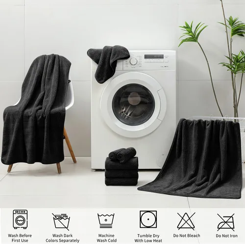 Vista 8 de 18 piezas de toallas tejidas negras familiares - 6 sábanas de baño, 6 toallas de mano, 6 toallitas de poliéster suave, toallas de ducha absorbentes