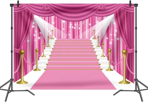 Vista 6 de Telón de fondo de alfombra rosa de 7 x 5 pies, cortina de estrellas para fiesta, fotografía, fondo de niña, dama, fiesta, disfraz, estudio