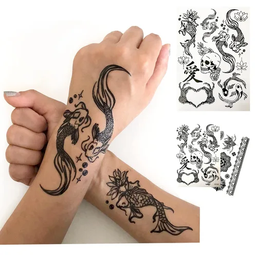 Vista 2 de Tatuajes temporales para mujeres adultas – 2 hojas – Black Big Ying y Yang Koi Fish Kanji Love Skeleton Heart Hand Skull Lotus Sleeve Adultos Tattoo