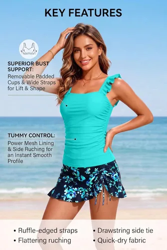 Vista 4 de Tankini with Skirt Tummy Control Ruffle Swimsuit Two Piece Bathing Suit Aqua y azul floral