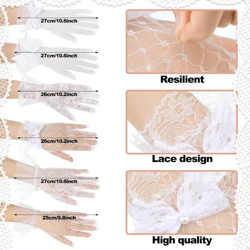 Vista 3 de Maitys 6 pares de guantes de encaje para mujer, elegantes guantes cortos para fiesta de té, guantes florales de boda para mujeres y niñas