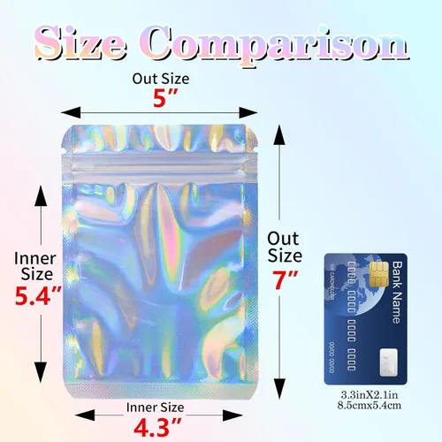 Vista 2 de Bolsas Holográficas y Bolsa de Papel de Aluminio Resellable Mylar Bolsa de Muestra Ideal para Favores de Fiesta Almacenamiento de Alimentos Bolsas a