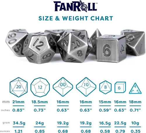 Vista 6 de FanRoll - Juego de dados poliédricos de metal de 0.630 in, plata antigua, dados de juego de rol para Calabozos y Dragones