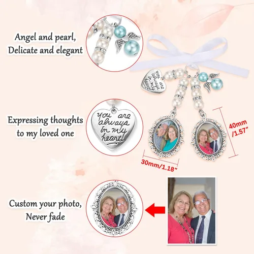 Vista 2 de Abalorios personalizados para ramo de boda, dije de foto de encaje con texto en inglés "You Are Always in My Heart" para decoración de fiesta nupcial