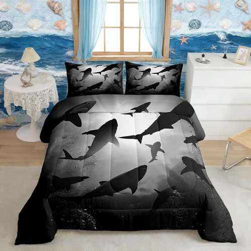 Vista 19 de Castle Fairy Juego de edredón de verano para niños, tamaño individual, diseño náutico reversible con diseño náutico de estrellas de mar, barco y Azul