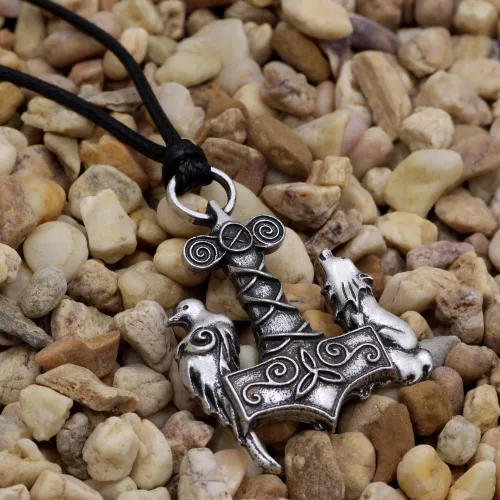 Vista 4 de Collar nórdico Odin Thors Mjolnir vikingo vikingo lobo y cuervo con colgante de pájaros antiguos, No es una piedra preciosa