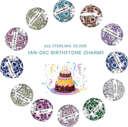Vista 7 de Tedit Dijes de piedra natal de plata de ley 925, cuentas caladas con corazón de amor para pulseras y collares con circonita cúbica 5A, regalo