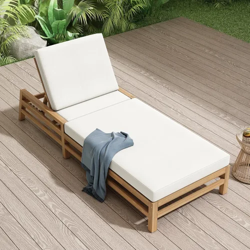 Vista 18 de Tumbona reclinable para patio al aire libre con respaldo ajustable de 5 posiciones y mesa auxiliar de madera, silla lounge para todo tipo de clima