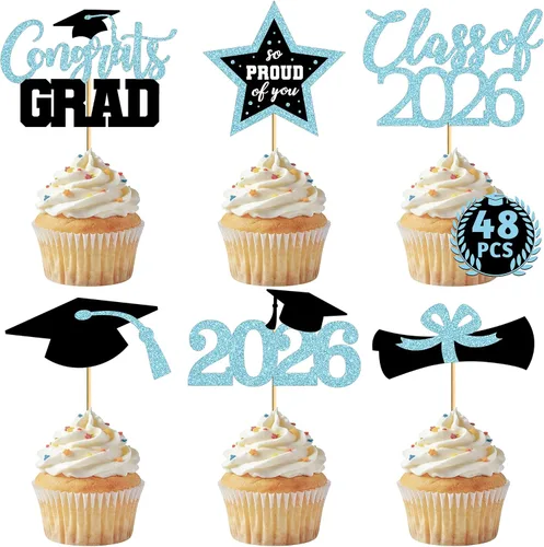 Vista 12 de 48 adornos para cupcakes graduados, 6 estilos de decoración para tartas de graduación, decoraciones de graduación de felicitaciones 2026, tapa negra
