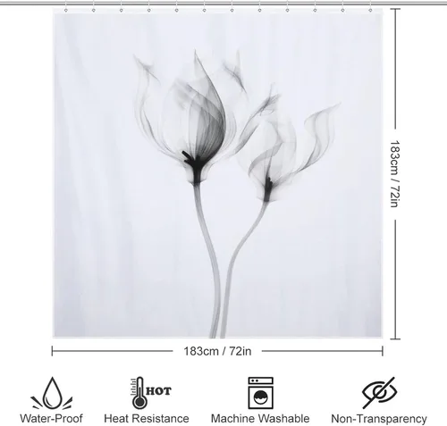Vista 6 de YLATY2596 - Cortina de ducha de flores abstractas para baño, juego de cortina de ducha bohemia floral en blanco y negro, tela transparente, moderna