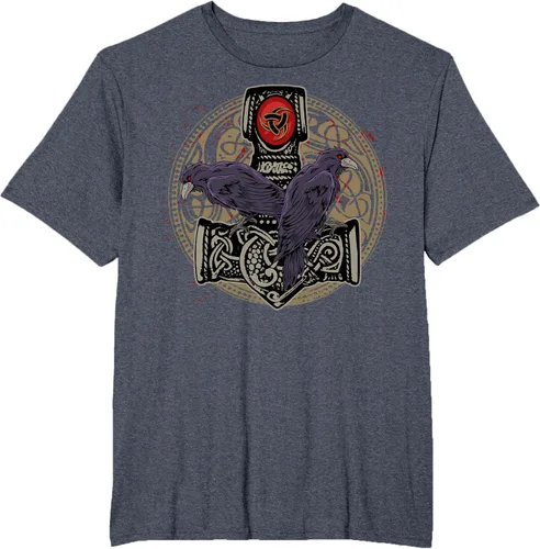 Vista 60 de Thors Hammer Mjolnir Huginn and Muninn Odin Raven - Camiseta, Negro, S