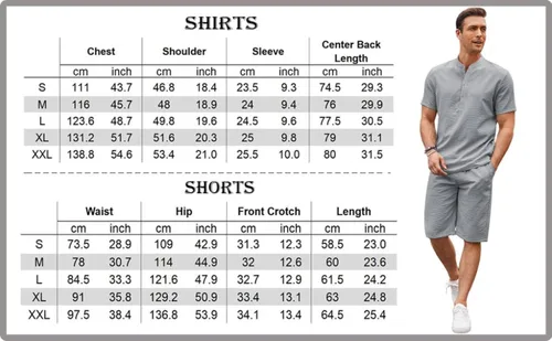 Vista 6 de COOFANDY Conjunto de 2 piezas de lino para hombre, camisas Henley casuales de manga corta, pantalones cortos de yoga para la playa, pantalones