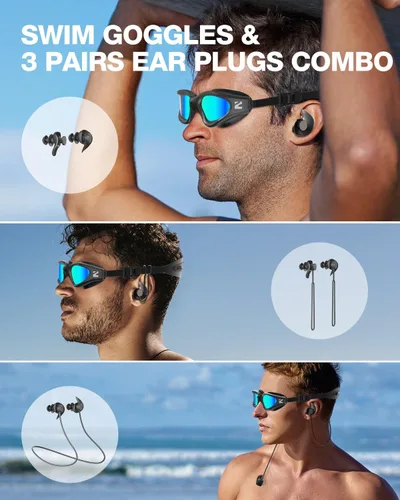 Vista 2 de ZIONOR G1 Lite - Gafas de natación polarizadas con 3 pares de tapones para los oídos, gafas de natación con protección UV antivaho para adultos