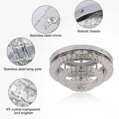Vista 3 de Lámpara de Araña Empotrada LED de Cristal de 13.8 Pulgadas, Lámpara de Techo de 3 Niveles de Cristal para Dormitorios, Comedor, Sala de Estar, 3