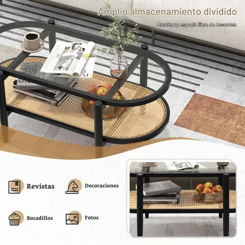 Vista 4 de GIANTEX - Mesa auxiliar de ratán, mesa central ovalada de madera de 40 pulgadas, color negro