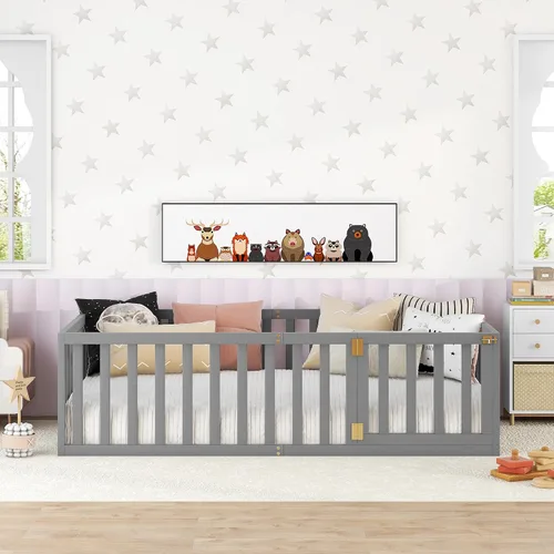 Vista 4 de Harper & Bright Designs Cama Montessori doble con valla y puertas, marco de cama de piso para espacios pequeños, sin rejas, gris