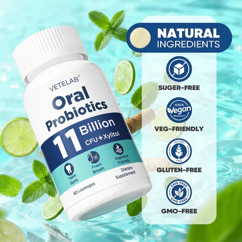 Vista 5 de Probióticos orales para el mal aliento bucal, 11 mil millones de UFC probióticos masticables para dientes y encías, boca seca, restauración
