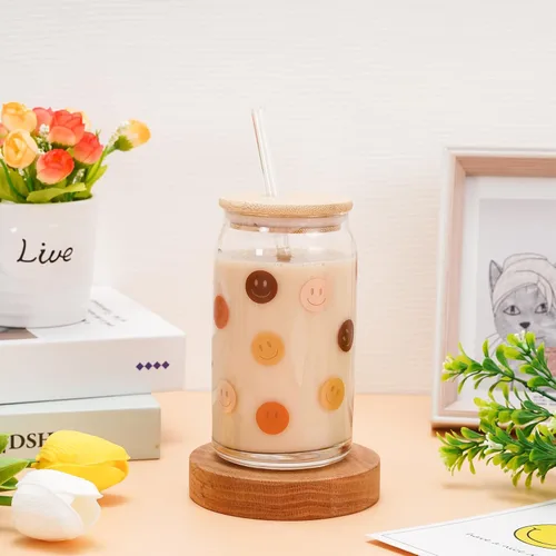 Vista 6 de Whaline Paquete de 6 vasos bohemios de 16 onzas con diseño de arco iris, sol, corazón, flores, taza retro Groovy Ice Coffee Cup con tapa de bambú