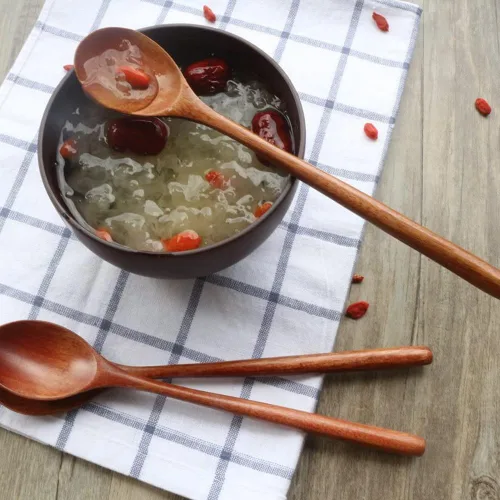 Vista 5 de 4 cucharas de madera de 9.25 pulgadas, cucharas de sopa de madera para comer, mezclar, agitar, cuchara de mango largo con utensilio de cocina