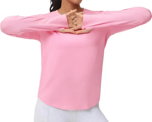 Vista 6 de THE GYM PEOPLE Camisas de entrenamiento de manga larga para mujer, atléticas, cuello redondo, senderismo, con agujero para el pulgar