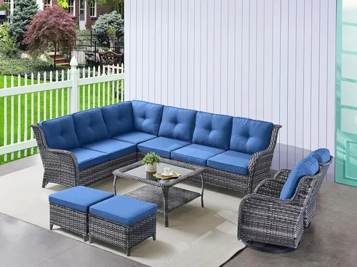 Vista 84 de HUMMUH Juego de 2 Sillas Giratorias Mecedoras de Mimbre para Patio Exterior, Juego de Muebles de Sillas Mecedoras de Ratán (Marrón, Azul) 50,000