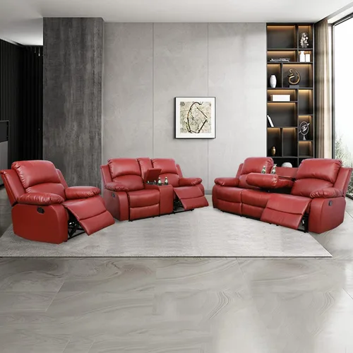 Vista 53 de Juego de muebles de sala de estar, juego de sofá reclinable de cuero, sofá reclinable y sofá biplaza, juego de sofá de cuero beige, juego de muebles