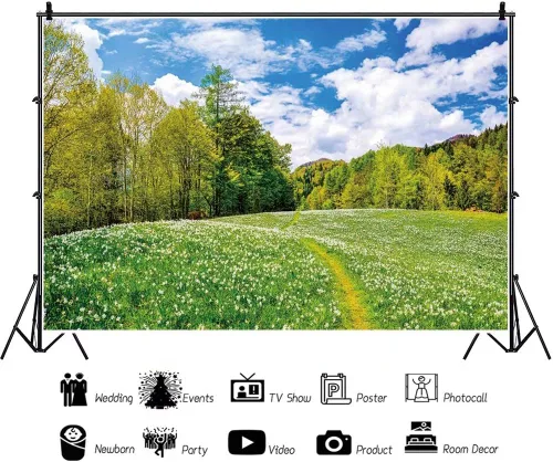 Vista 2 de Telón de fondo de campo de granja para fotografía, 5 x 3 pies, paisaje de primavera y verano, prado verde, cielo, nubes, fondo de fotos, fiesta