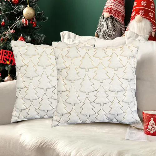 Vista 11 de Juego de 2 fundas de almohada de Navidad de 18 x 18 pulgadas, fundas de almohada beige con patrón de árbol de Navidad, fundas de cojín de piel