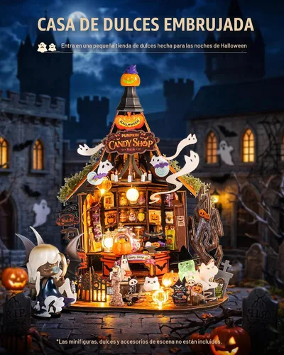 Vista 4 de Rolife Kit de casa de dulces embrujada de Halloween DIY con 9 luces LED, kits de construcción de modelos de casa pequeña para principiantes