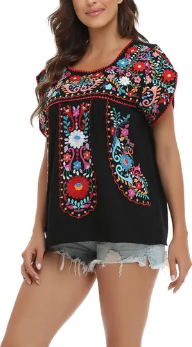 Vista 9 de YZXDORWJ Blusa de verano para mujer, estilo bohemio, estilo mexicano, con bordado, estilo bohemio