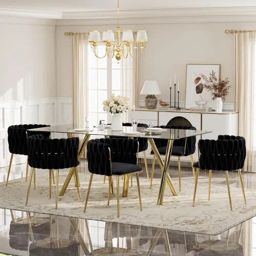 Vista 37 de Glam Style - Juego de mesa de comedor de 5 piezas para 4, mesa de comedor rectangular de vidrio templado de 51 pulgadas con base de metal dorado