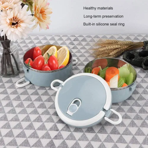 Vista 3 de Caja de almuerzo portátil de acero inoxidable azul con aislamiento térmico para fideos de arroz, contenedor de alimentos, calentador de alimentos