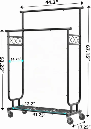 Vista 3 de Estante para ropa Ekisemio con capacidad de carga de 450LBS, estante resistente para ropa con ruedas, estantes enrollables para colgar ropa