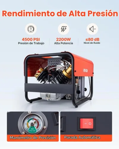 Vista 5 de VEVOR Compresor de Aire PCP, Compresor de Aire para Tanque de Buceo de 4500 PSI/30 Mpa, Compresor de Buceo PCP de Doble Cilindro con Parada