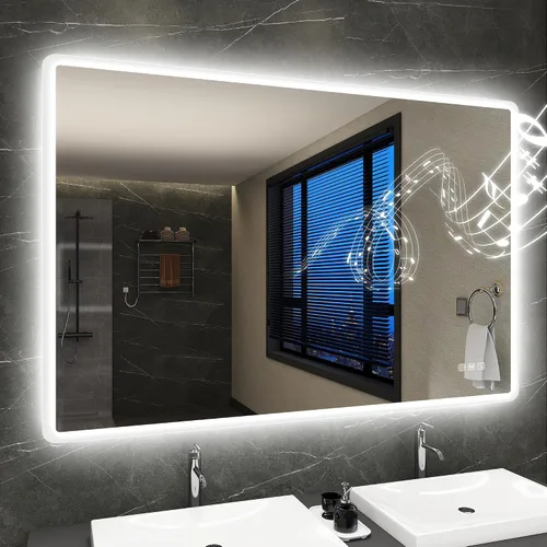 Vista 13 de SBAGNO - Espejo de baño LED de 40 x 28 pulgadas con marco negro, altavoz
