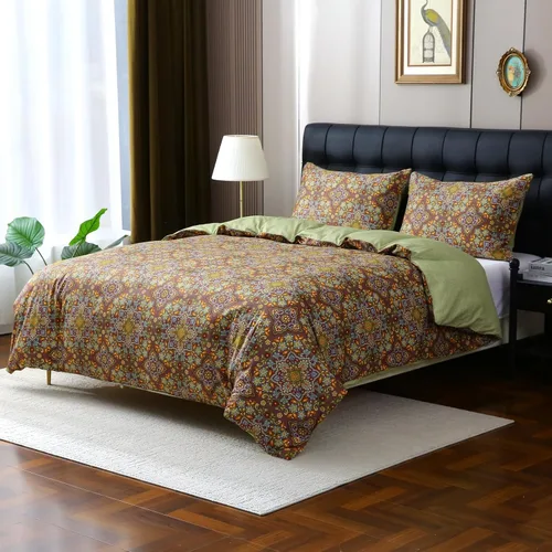 Vista 17 de ABREEZE Juego de ropa de cama de 3 piezas, estilo bohemio, retro, étnico, vintage, floral, ropa de cama bohemia, 100% algodón cepillado, damasco