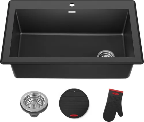Vista 27 de Kraus Forteza - Fregadero de cocina de doble seno 50/50 de granito de instalación empotrada/sobre encimera, 33 pulgadas, color negro (KGD-52BLACK)