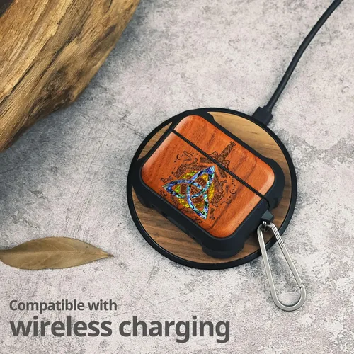 Vista 13 de Carveit Funda de madera para AirPods Pro de 2ª/1ª generación, grabado artístico de madera e incrustación hecha a mano, cubierta de TPU a prueba