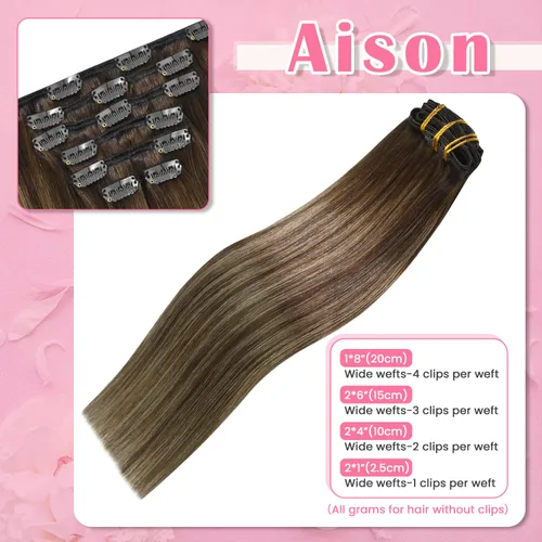 Vista 3 de Aison Extensiones de cabello con clip balayage de cabello humano real, extensiones de cabello ombre 100% de cabello humano para mujer, 12 pulgadas