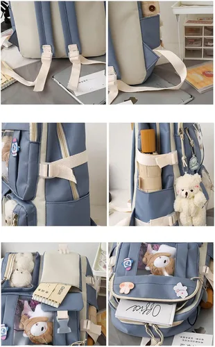 Vista 7 de Mochila escolar estética kawaii, juego de 5 piezas con bonitos pines colgantes de oso, mochila pequeña para laptop, kit esencial Verde
