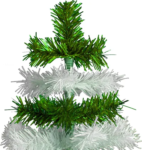 Vista 2 de Árbol de Navidad verde metálico y blanco mate, cepillo artificial en capas de oropel sin encender con soporte incluido (18 pulgadas)
