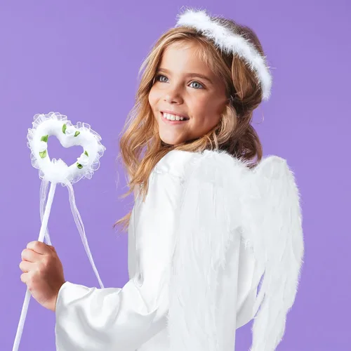 Vista 5 de Eurzom Juego de 4 piezas de disfraz de ángel para niñas, vestido blanco, alas de plumas de ángel, halo de ángel y varita para niños, fiesta