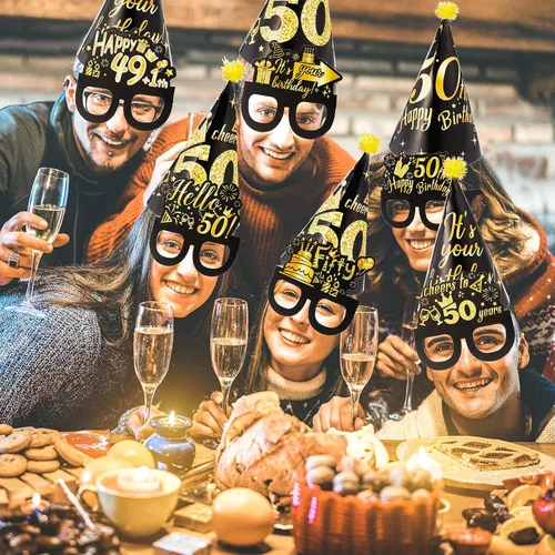 Vista 6 de 26 piezas de decoración de fiesta de cumpleaños número 50, kits de gafas y sombreros, gafas y sombreros de papel temáticos negros y dorados