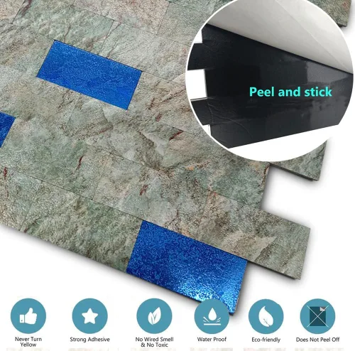 Vista 5 de XUANINY 5 hojas autoadhesivas para loseta en muro de azulejos de metro, azulejos de madera de metal autoadhesivos, calcomanías de pared de aluminio