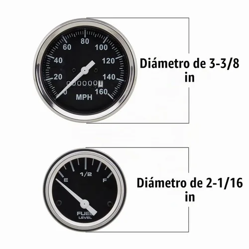 Vista 4 de Juego completo de 5 indicadores: velocímetro mecánico de 3-3/8", medidores de componentes de 2-1/16" con cara negra, puntero blanco y bisel cromado