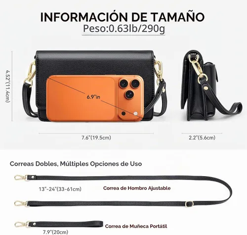 Vista 4 de nuoku - Bolso bandolera pequeño para mujer con ranuras para tarjetas RFID, 2 correas negro (A- Black)