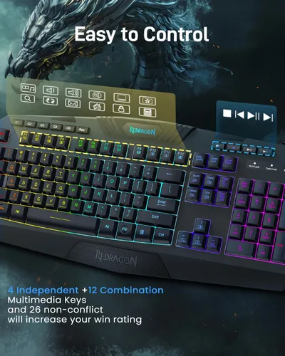 Vista 7 de Redragon Teclado y mouse programables para juegos S101 actualizados, teclado retroiluminado RGB con software, teclas de grabación macro