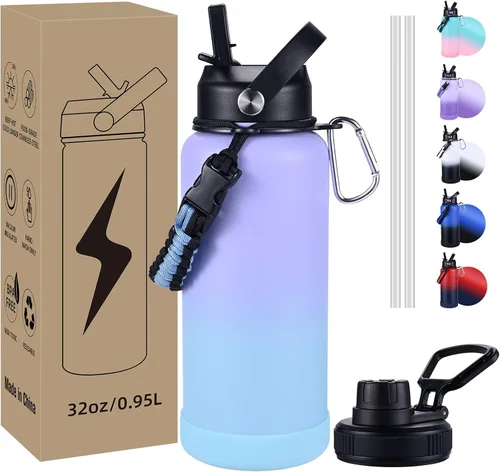 Vista 16 de Botella de Agua Aislada, botellas de agua de boca ancha de acero inoxidable de 32 onzas con 2 tapas a prueba de fugas y mango de paracord, botella