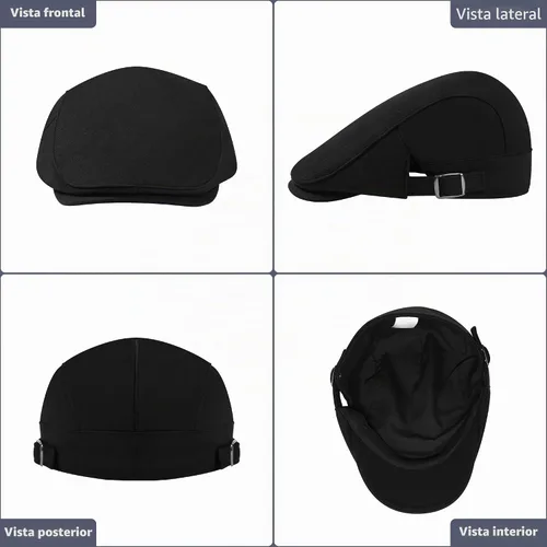Vista 3 de Gorra de algodón ajustable de Newsboy Gorras planas Ivy Irish Gatsby Gorra Cabbie Golf Sombreros de caza para hombres Negro